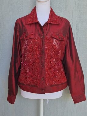 COLDWATER CREEK Burgundy Silk Blend Beaded Embroidered Jacket Women PM Elegant